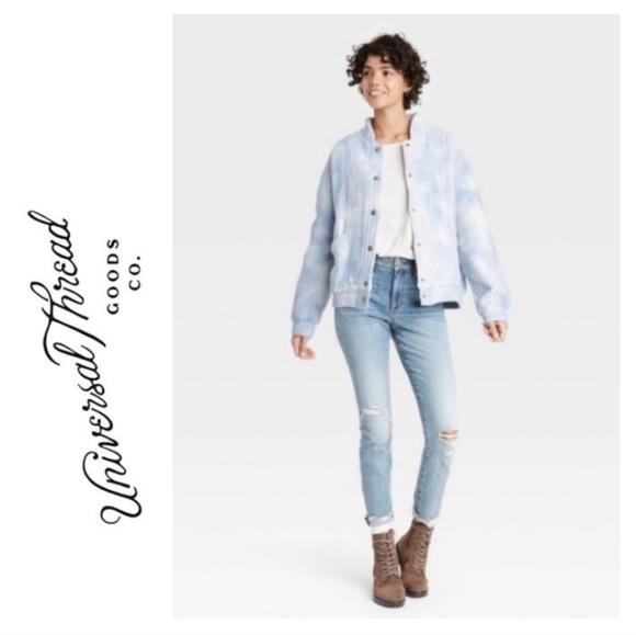 🍂 Universal Thread Cloud Bomber Jacket Light Blue & White Tie Dye  Size M - Picture 3 of 15